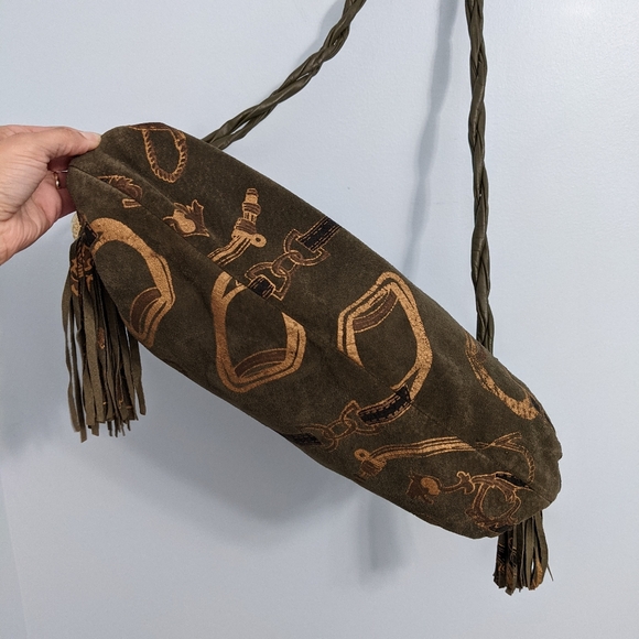 Vintage Park Avenue Olive Green Equestrian Horsebit Embossed Suede Leather Bag - Picture 11 of 12